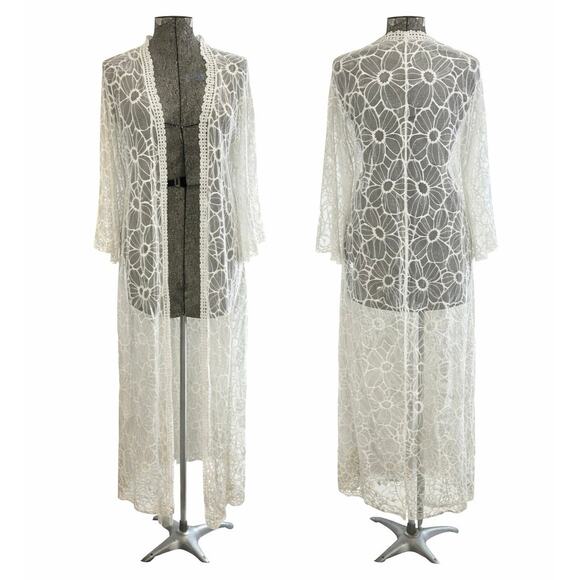 Vince Camuto Tops - White Lace Floral Maxi Duster Cardigan Kimono Sheer Boho Festival Romantic OS